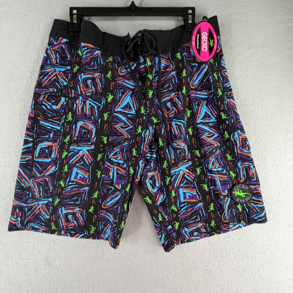 Gecko Hawaii Board Shorts Mens 33 Neon Retro Gecko Print Swim Trunks Black New